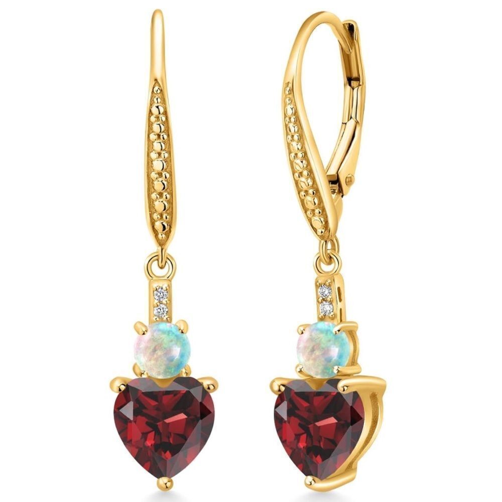 18K Yellow Gold with 3.13 Cttw Garnet and White Opal Heart Leverback Earrings